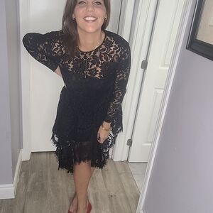 Lover Black Lace Long Sleeve Fit & Flare Dress | Scalloped Hem | Size S